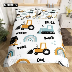Truck Excavator Duvet Cover Set Queen Size for Kids Nursery Cartoon Tractor Engineering Vehicle Construction Theme Bedding Set