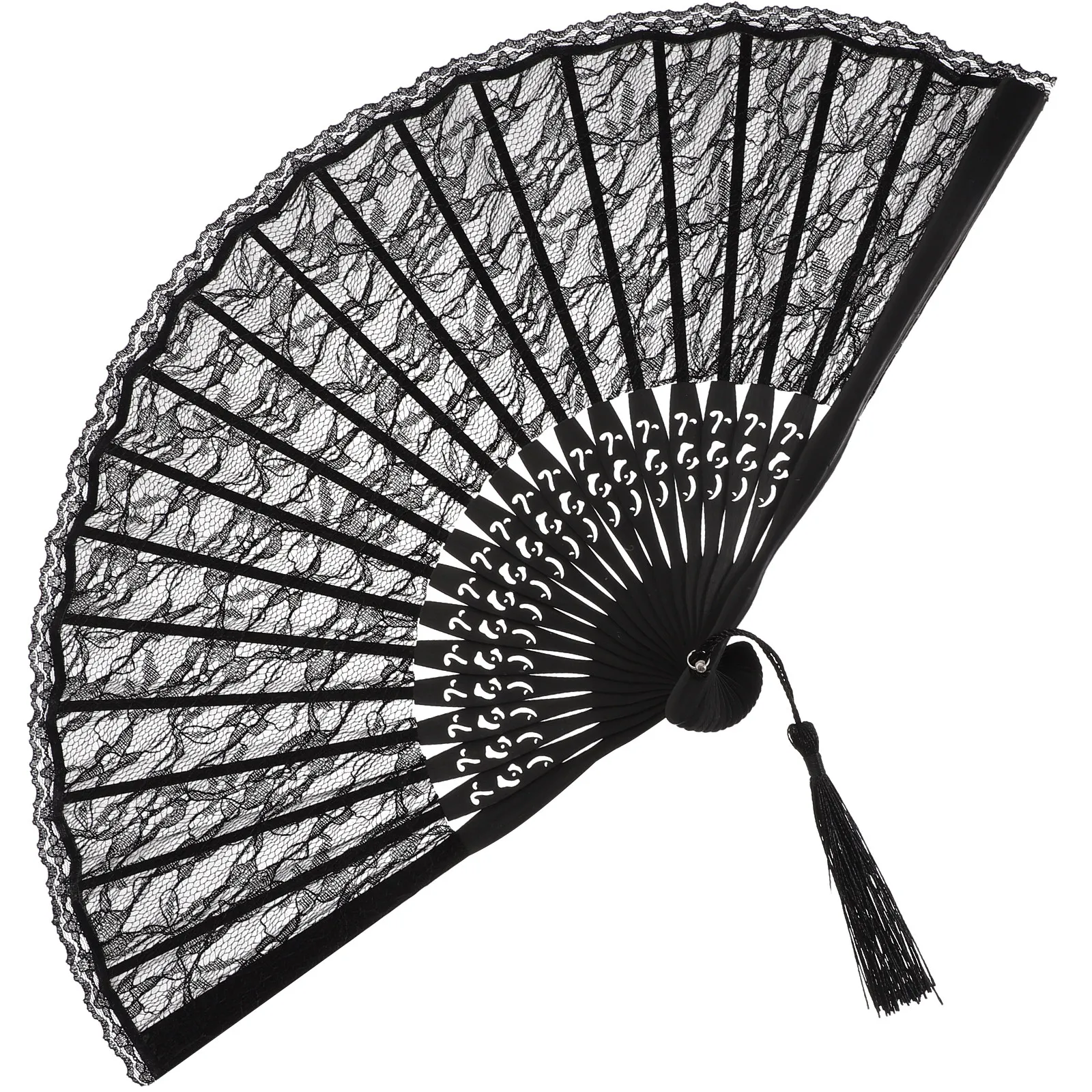 Black Lace Folding Fan Bamboo Hand Embroidered Floral Pattern Tassel Pendant Women Decoration Wedding Party Favor Spanish