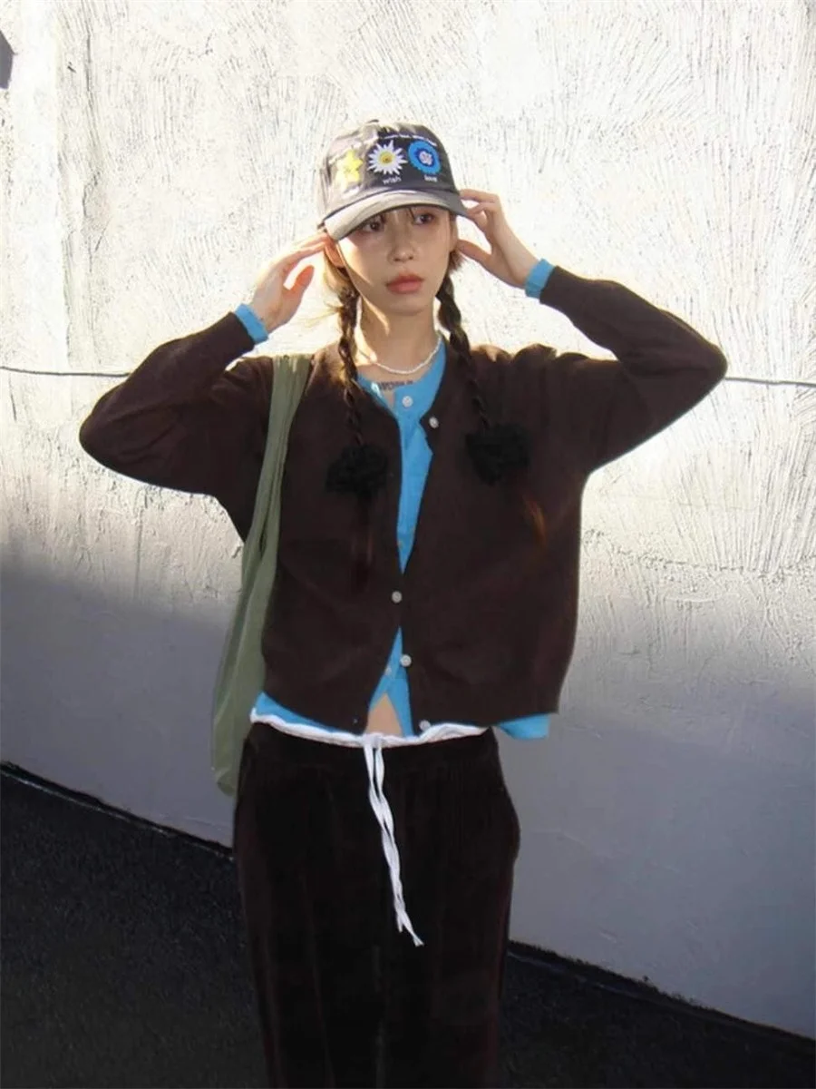 

Unique SEI Korean Sle Winter Knitted Sweater Open Cardigan Fake Two-Piece Color Blo Colion Simple Brown Blue Retro