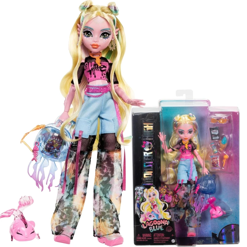 New Surprise Doll Monster High Lagoona Blue Doll in Mesh Tee and Cargo Pants Includes Pet Fish Neptuna Toy Set Gifts for Girls