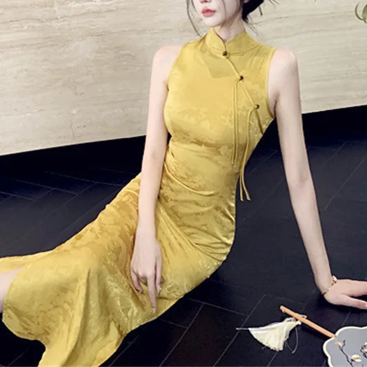 

8019 Cheongsam Summer New Chinese Zen Style Ice Silk Sleeveless Button Waist Elegant Slit Bodycon Dress