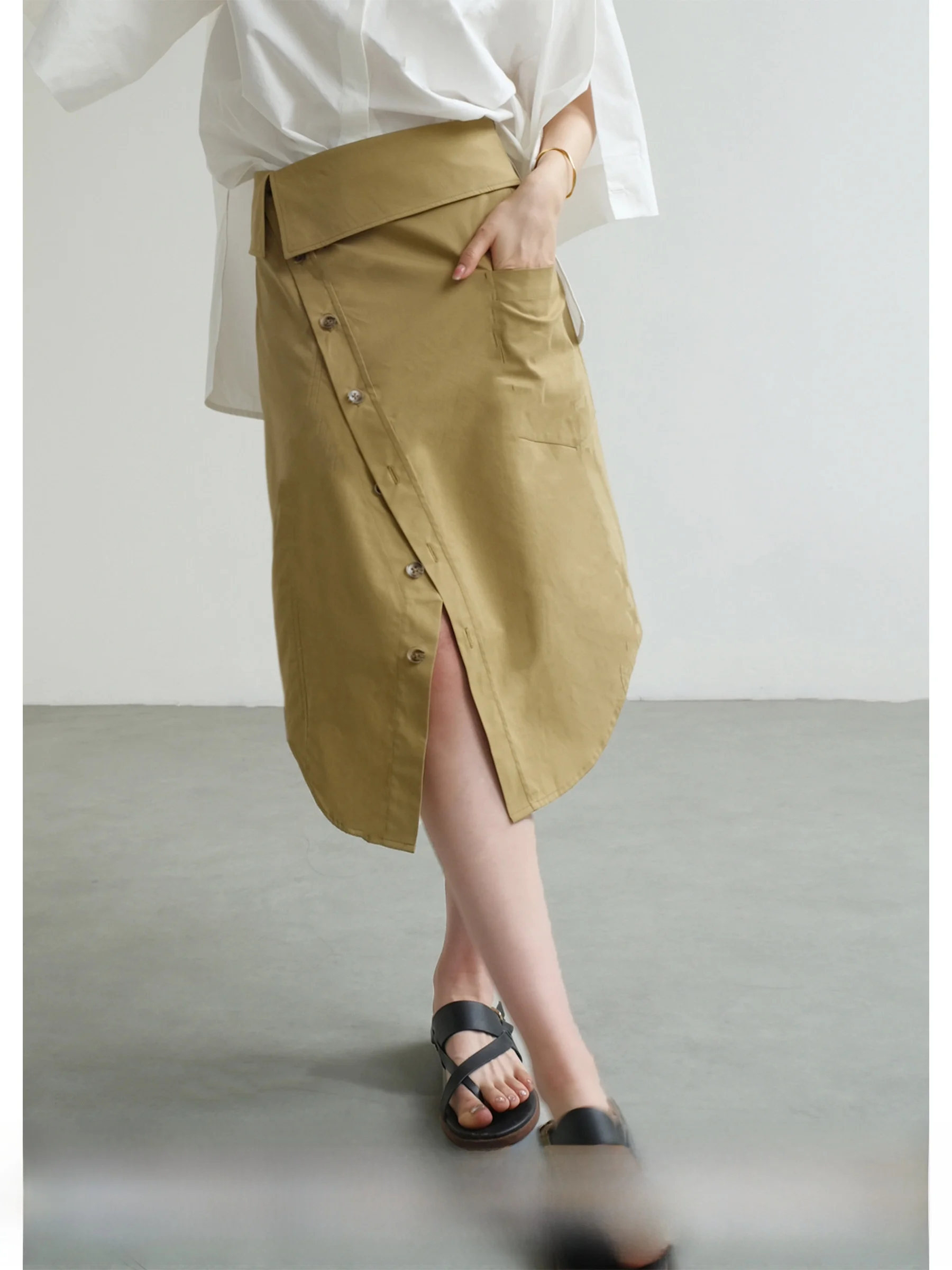 

Юбка А-силуэта с высокой талией из чистого хлопка на пуговицах, повседневная, для офиса, женская, модная, с эффектом похудения