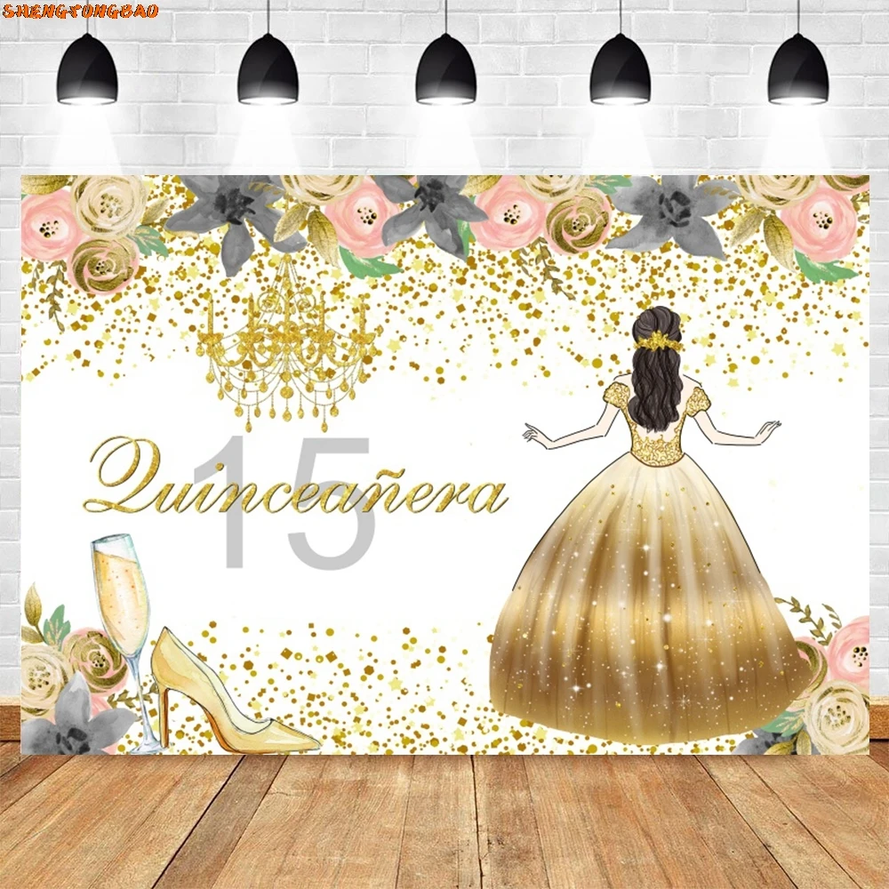Backdrop for Photography Birthday Party Quinceanera Sweet 15 16th Princess Girl Glitter Crown Flower Dress Photo Background Prop