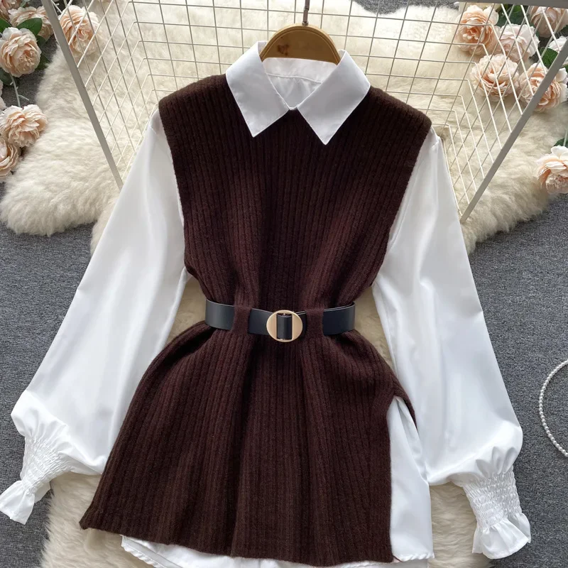 เสื้อกั๊กถักแฟชั่นและเสื้อเชิ้ต ชุดสองชิ้นสำหรับผู้หญิง เสื้อเชิ้ตแขนยาวคอปกโปโล เสื้อกั๊กยาวปานกลางสำหรับผู้หญิง ฤดูใบไม้ผลิ ฤดูใบไม้ร่วง