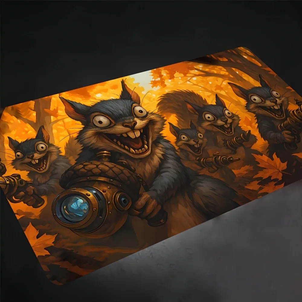 Steampunk Crazy Squirrel TCG Spielmatte, Herbstwald, rutschfeste Gummi-Kartenspielmatte, Gaming-Mauspad für MTG-Brettspiel-Gamer