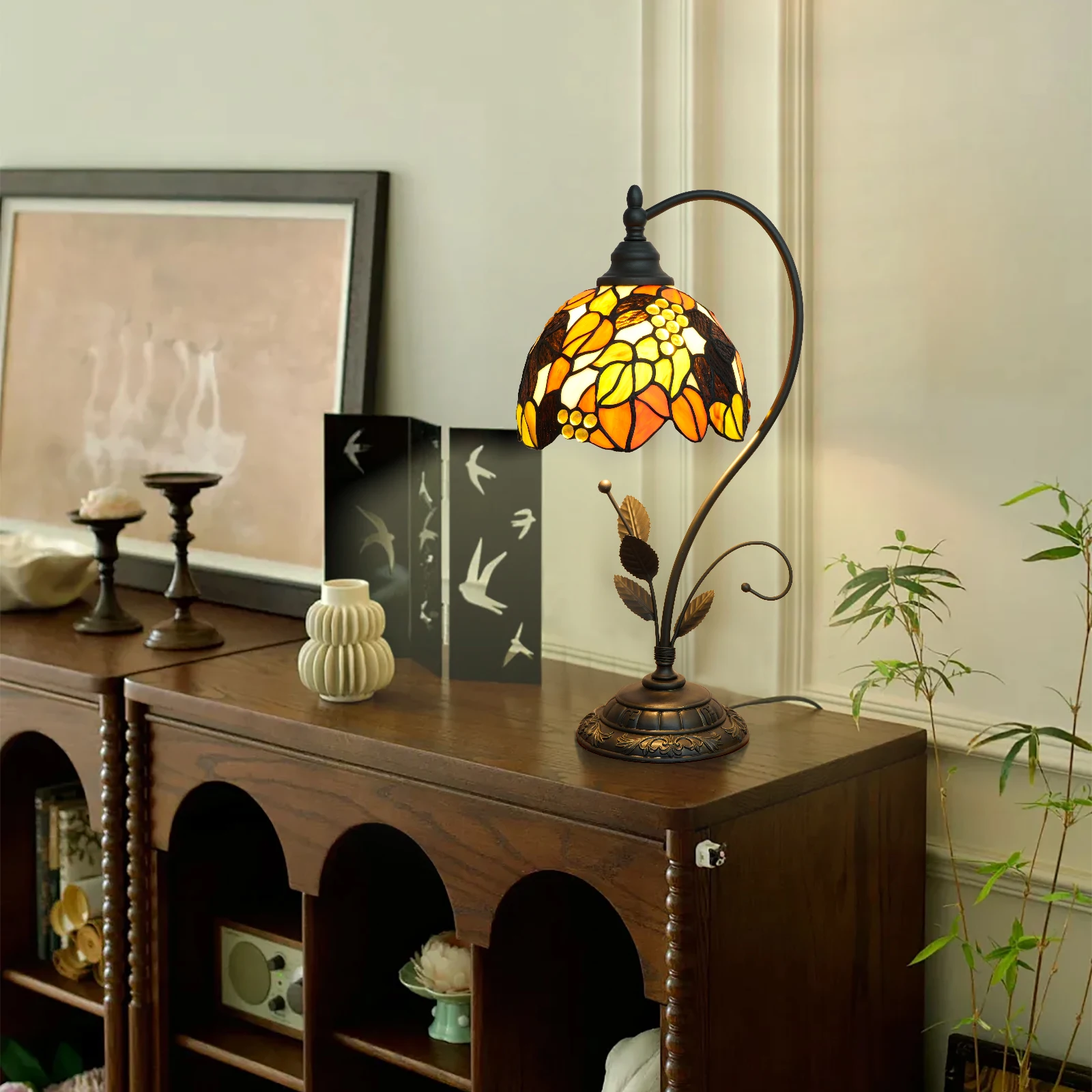 Maple Leaf Grape Table Lamp, Stained Glass Desk Reading Light, Metal Leaf Table Lamp Base Creative Desk Lamps for Home Office