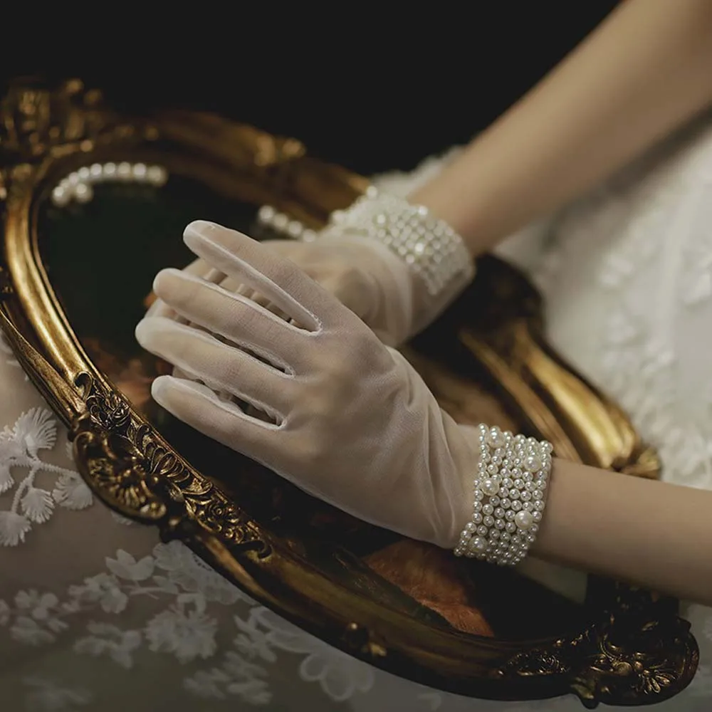 Guantes cortos de boda para mujer, manoplas de tul con lazo, color blanco, elegante y dulce, Verano