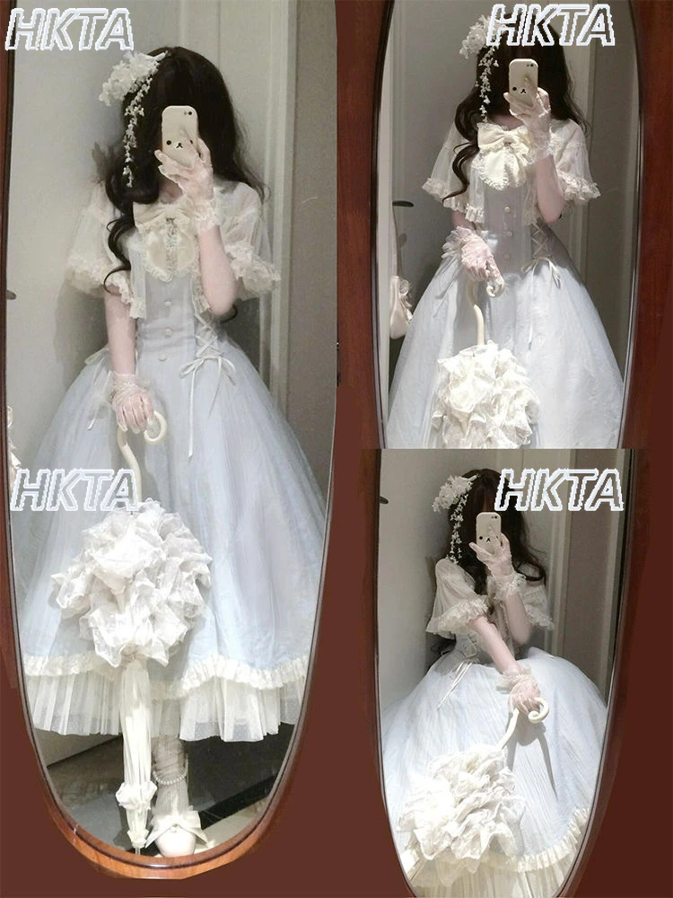 Japanse stijl elegante lolita taille lolita jurk vrouwen zomer bloemblaadjes korte mouwen pop kraag boog riem prinses lange jurk