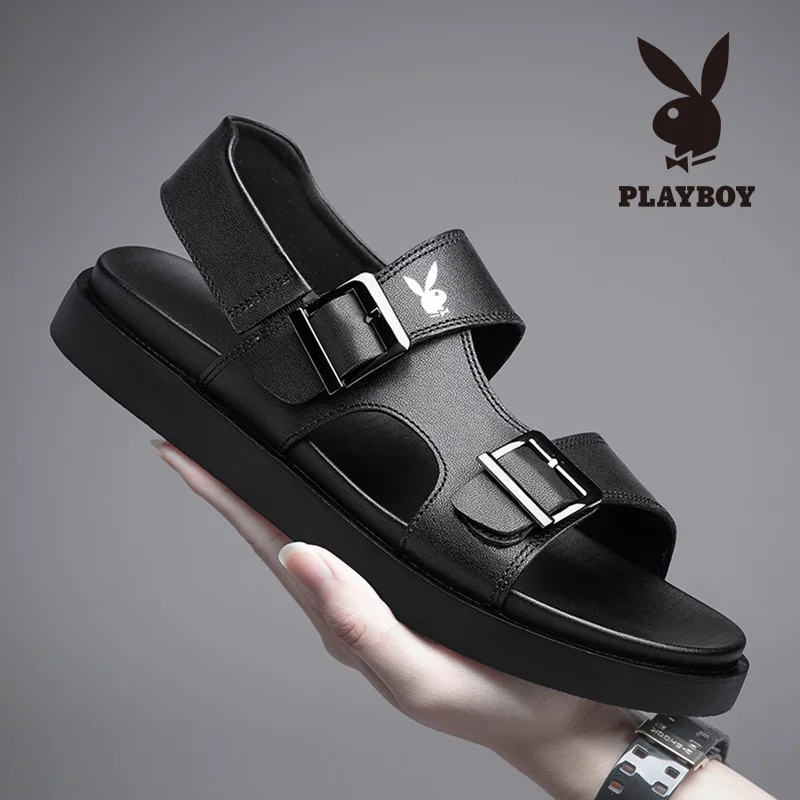 

Men's Summer Casual Leather Sandals Breathable Slip-On Flat Heel Rubber Outsole All-Bla Open-Toe Comfortable oes
