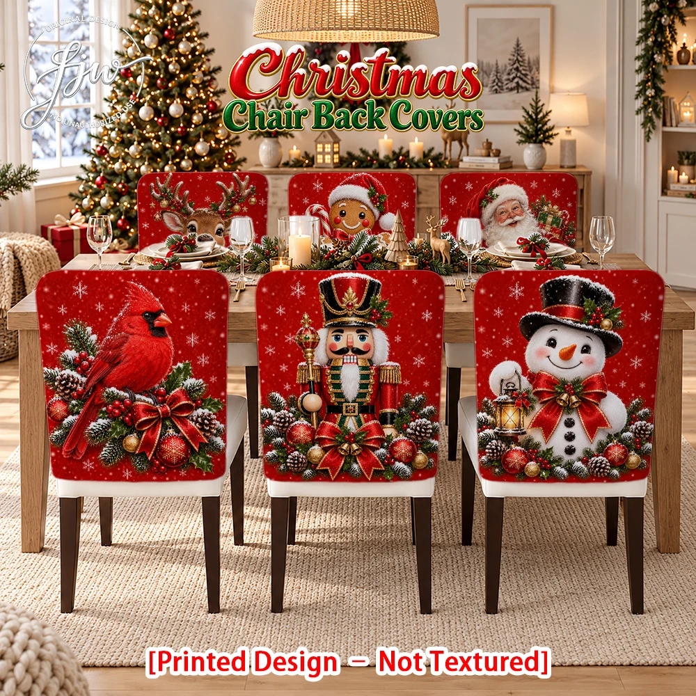 2/4/6pc Christmas Chair Back Covers Xmas Snowman Santa Nutcracker Holiday Dining Chair Slipcovers for Winter Party Decor