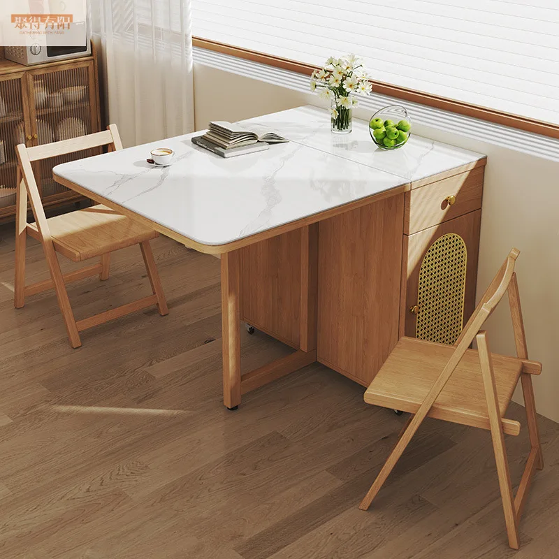 Small household slate solid wood dining table folding dining table and chair combination