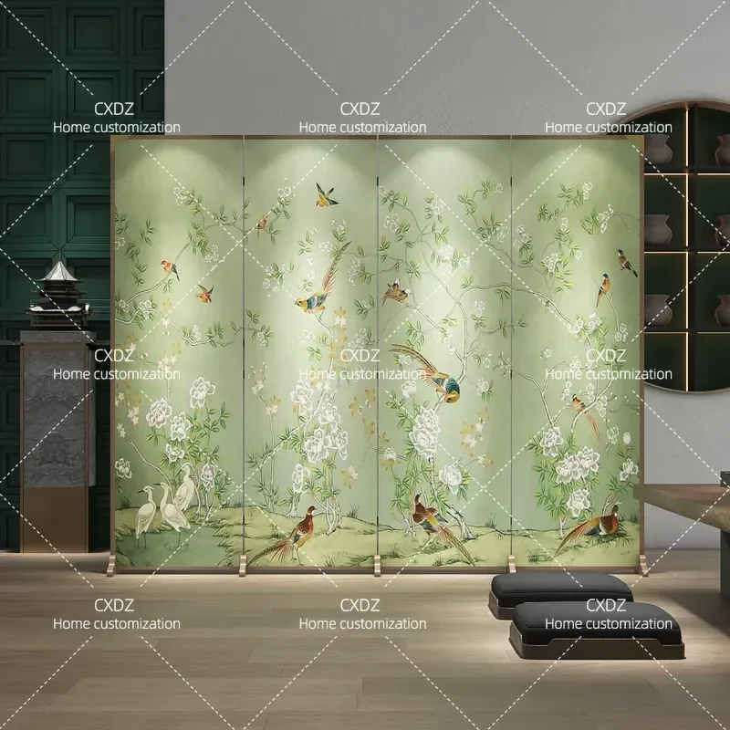 Modern Folding Screen Partition for Living Room Bedroom Hotel Elegant Floral Bird Pattern Mobile Room Divider Privacy Panel