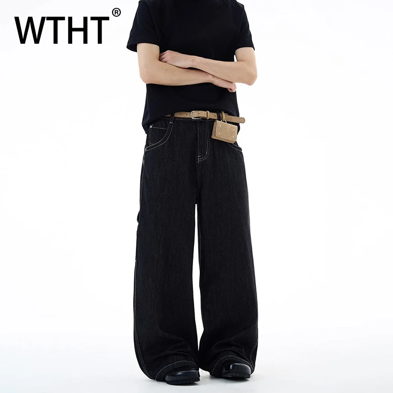 

WTHT Fashion Men's Solid Color Flower Embroidery Design Denim Pants Vintage American Style Straight Jean Male 2025 Summer 2A1307