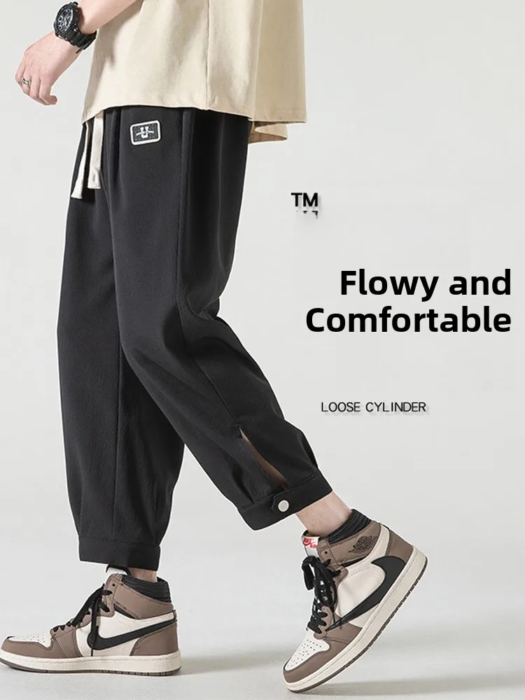 

Мужские летние брюки из ледяного шелка свободного прямого кроя, быстросохнущие, повседневные, модные, молодежные, со средней посадкой, в стиле рабочей одежды