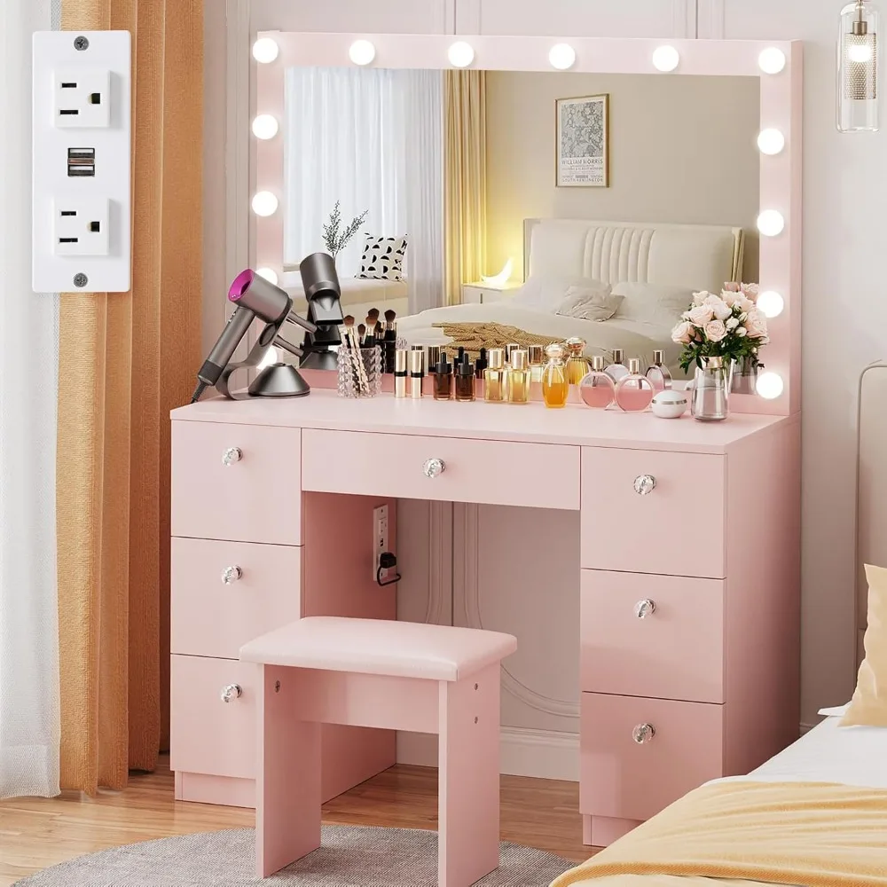 Illuminated Mirror Makeup Vanity Desk with Glass Top, 7 Drawers, Power Outlet, and 3 Adjustable Lighting Modes