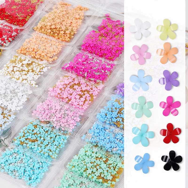 1000Pcs+ 3D Mixed Pink White Acrylic Flower Nail Art Charms with Golden Beads & Pearls Nail Gems 4/6mm Small Flower Nail Jewelry