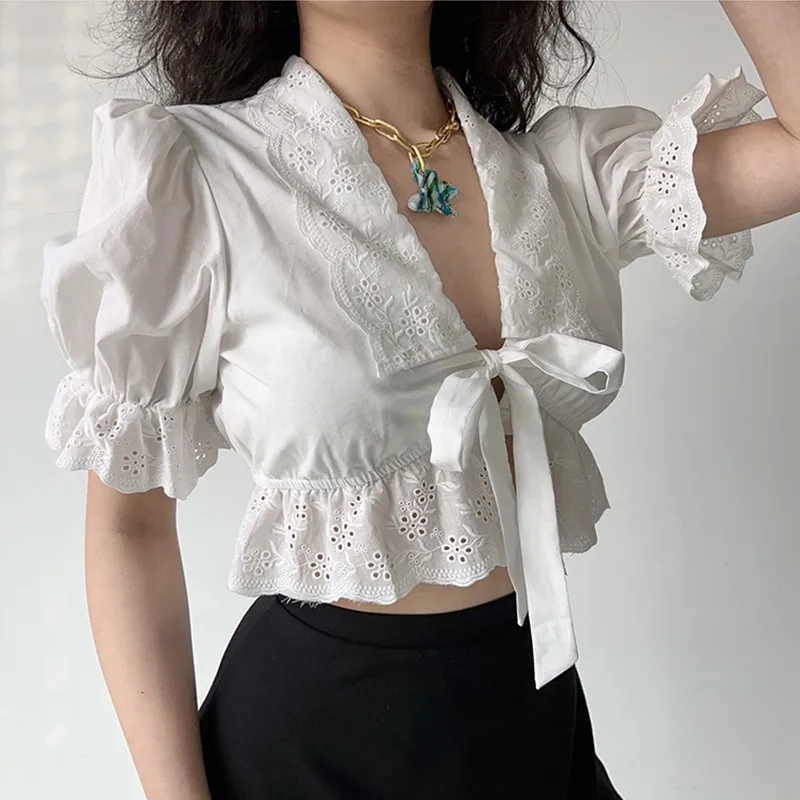 Karrram Lace Patchwork Blouse Puff Sleeve Shirt V-neck Bandage Embroidery Crop Tops Women White Short Sleeve Shirts Korean Style