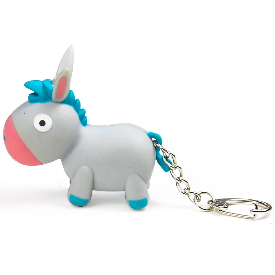 Simulation Cartoon 3D Donkey Keychain LED Light with Sound Glow Keyring Bag Pendant Children Kawaii Figure Toy Promotions Gift