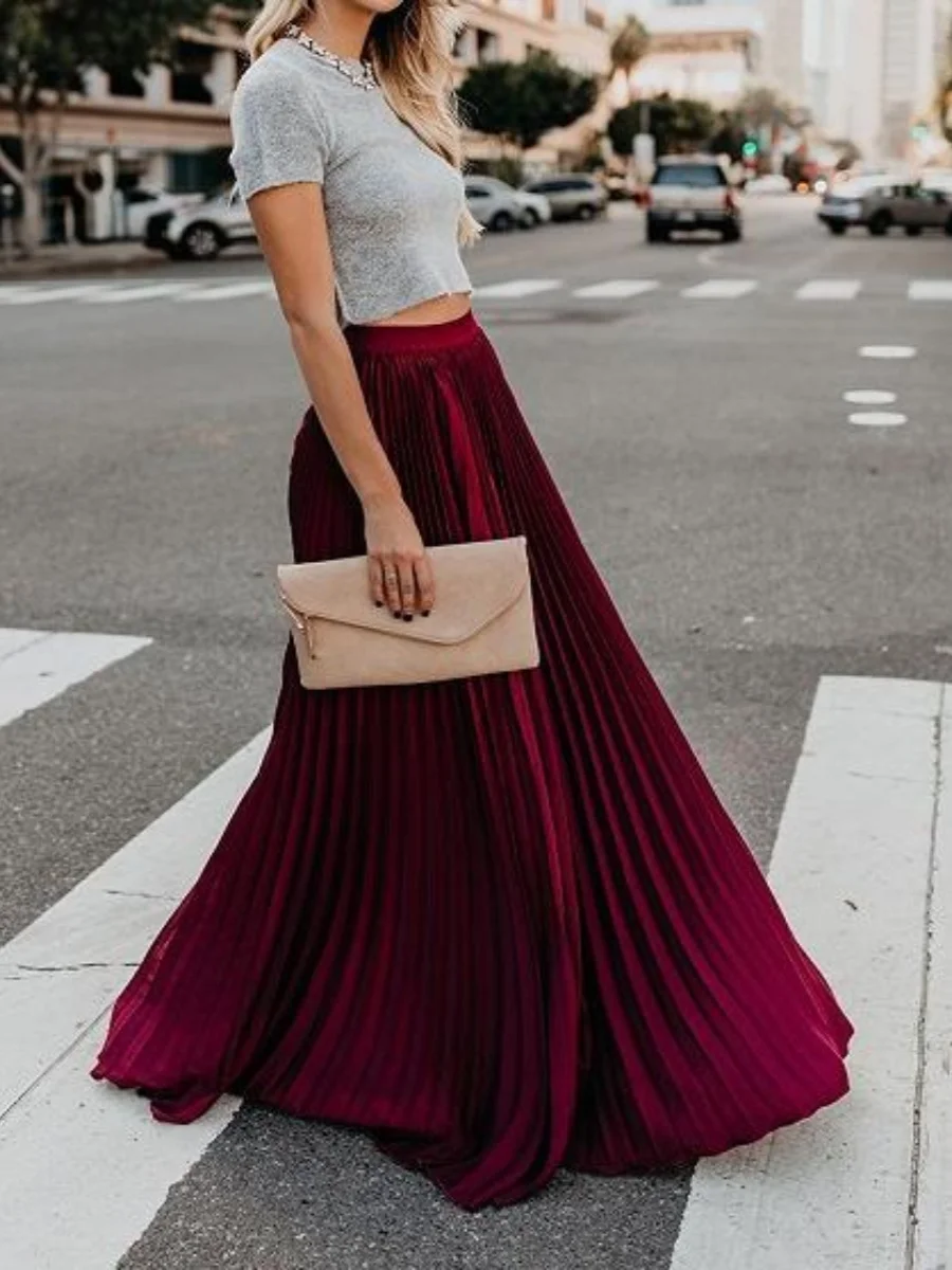 

Faionable Chiffon Pleated Maxi Skirt Women's New Arrival f-length A-Line Street Sle Pure Color Mid-Waist Polyester Fiber