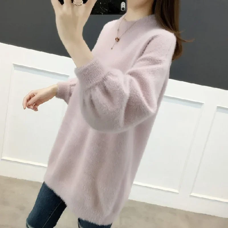 

Autumn and Winter Women's Pullover Round Neck Solid Color Loose Fit Medium Long Sleeve Knitted Sweater Underlay Fashion Tops