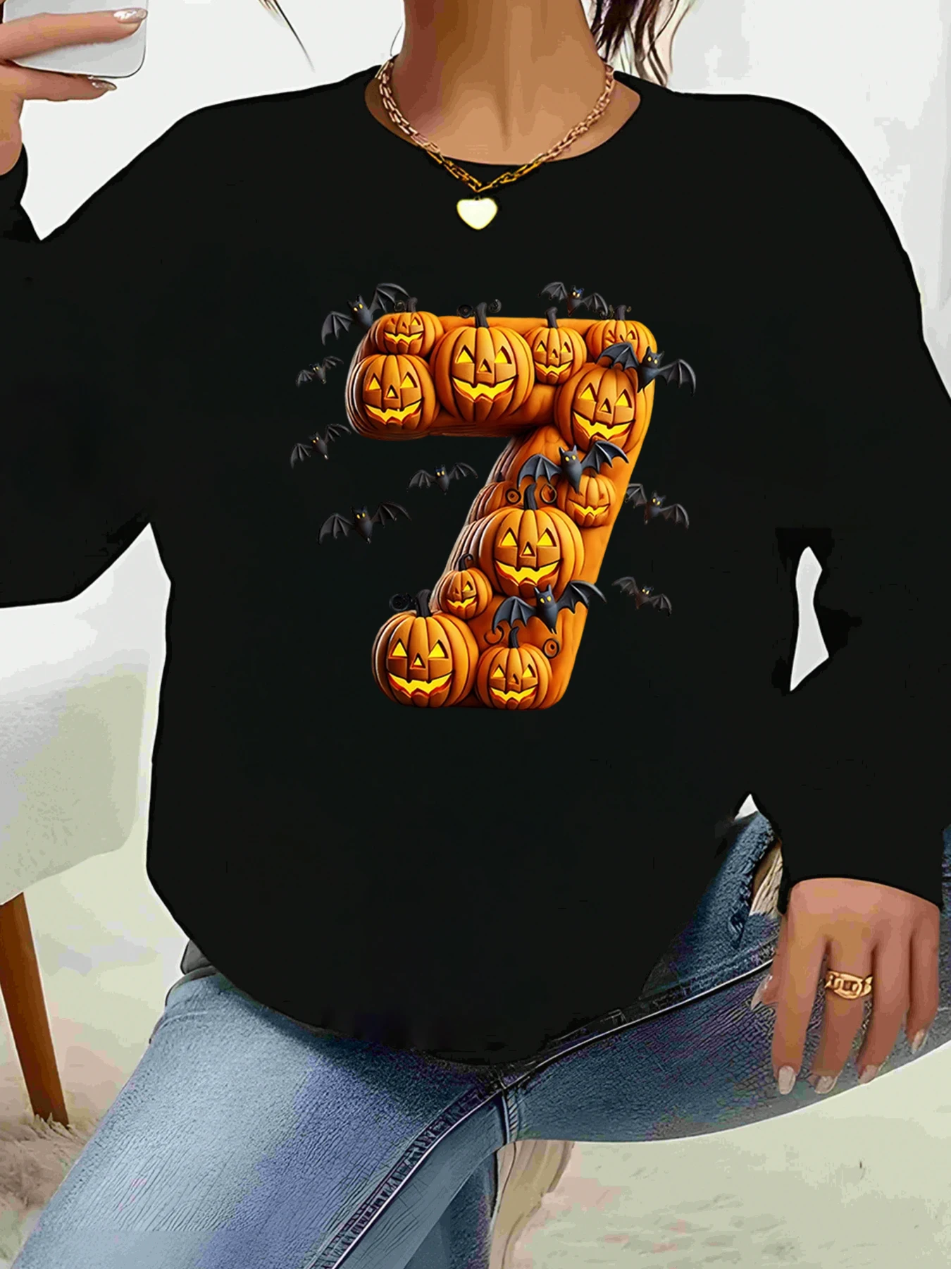 

Топ с длинными рукавами и принтом тыквы летучей мыши номер 7, повседневная женская одежда на Хэллоуин