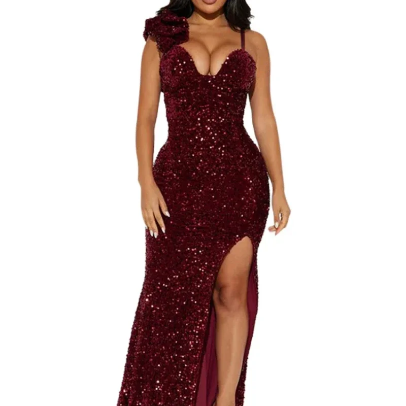 New Sexy Slit Leg Padded Long Cocktail Prom Dress Women‘s Luxury Sequin Strap Evening Party Wedding Gown Birthday Night Vestidos