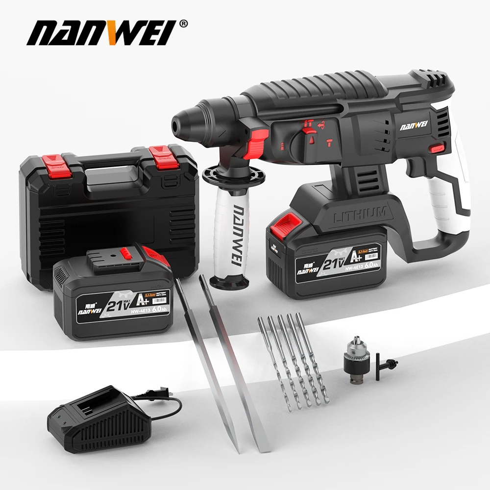 NANWEI 21v Electric drill Heavy Cordless Rotary Impact Hammer Concrete Breaker drill with Portable Tool Storage Box