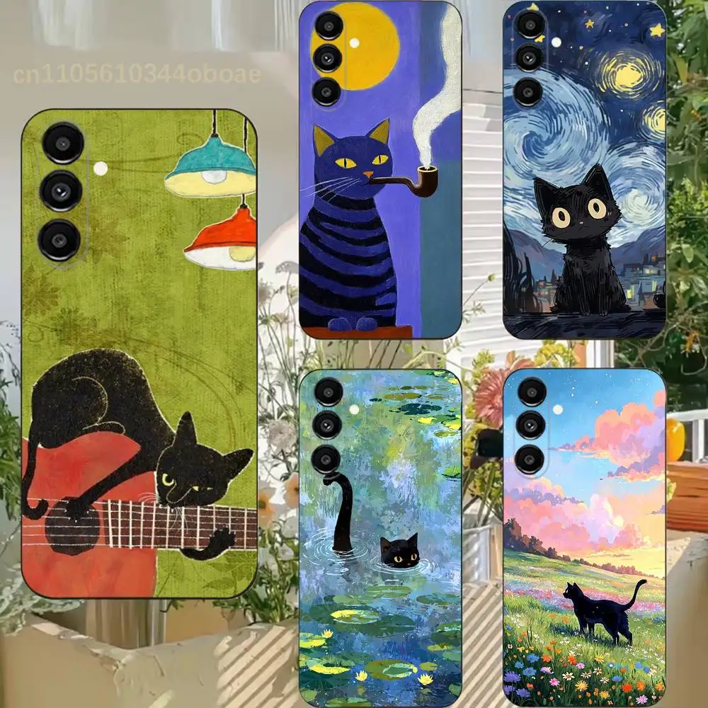 Retro Oil Painting Black Cat Phone Case For Samsung S25,24,21,22,23,20,S30,Ultra,Plus,Fe,Lite,Note,5G Black Cover