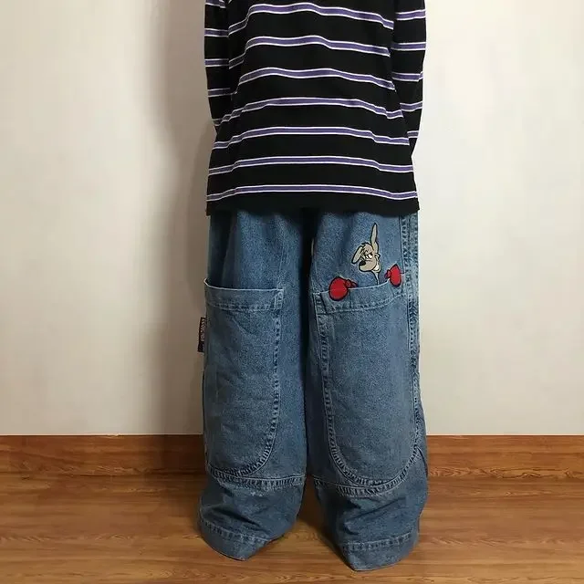 Vintage y2k jeans JNCO Kangaroo pria dan wanita Harajuku kasual bordir lurus 2024 musim panas baru lebar kaki y2k jnco jeans