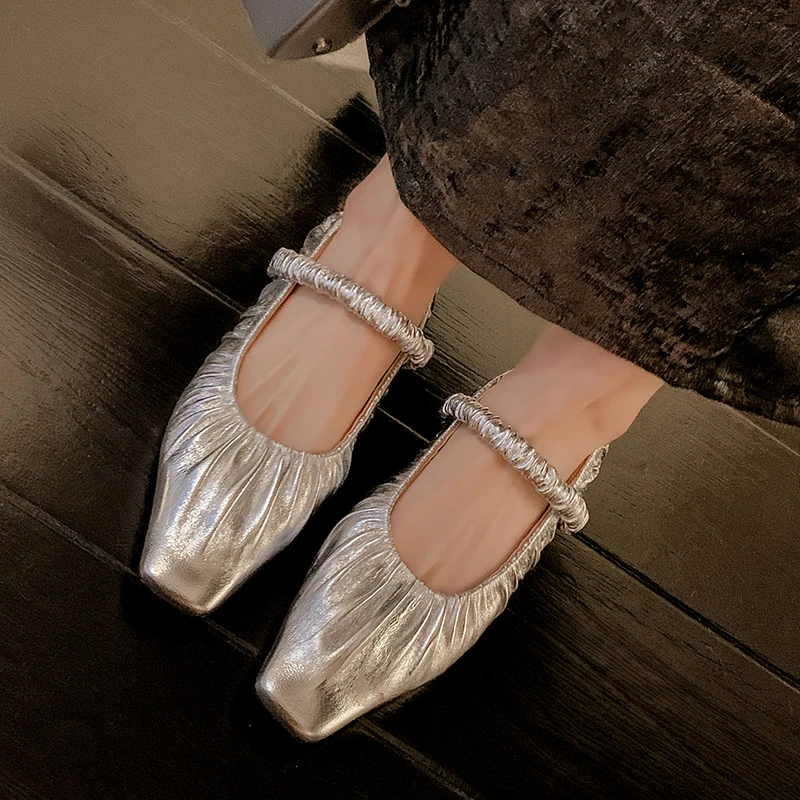 Fashion Pleated Women Flats Shoes Spring Summer New Genuine Leather Shoes Woman Low Heels Square Toe Mary Janes Shoes Size 34-39
