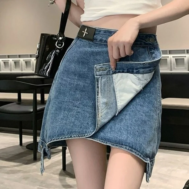 Denim Short Skirt 2024 Summer Women Elastic Waist Skirt For Women Slimming Irregular A-line Ladies Solid Simple Oversized Skirt