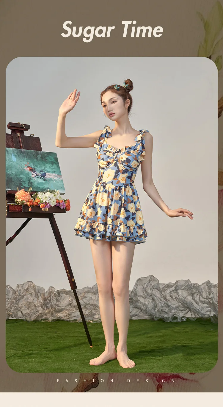 One-piece Swimsuit Women's Retro Printed Slim Boxer Pants Soak in Hot Spring