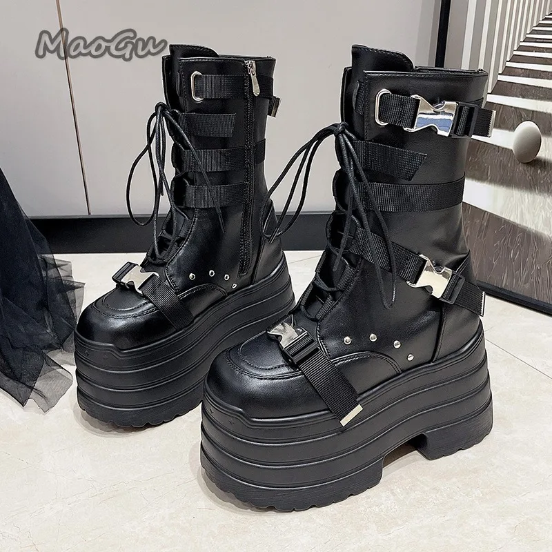 13CM Height Increasing Platform Boots for Women Punk Style Metal Belt Buckle Gothic Boot Women Thick Sole Mid-calf Leather Boots