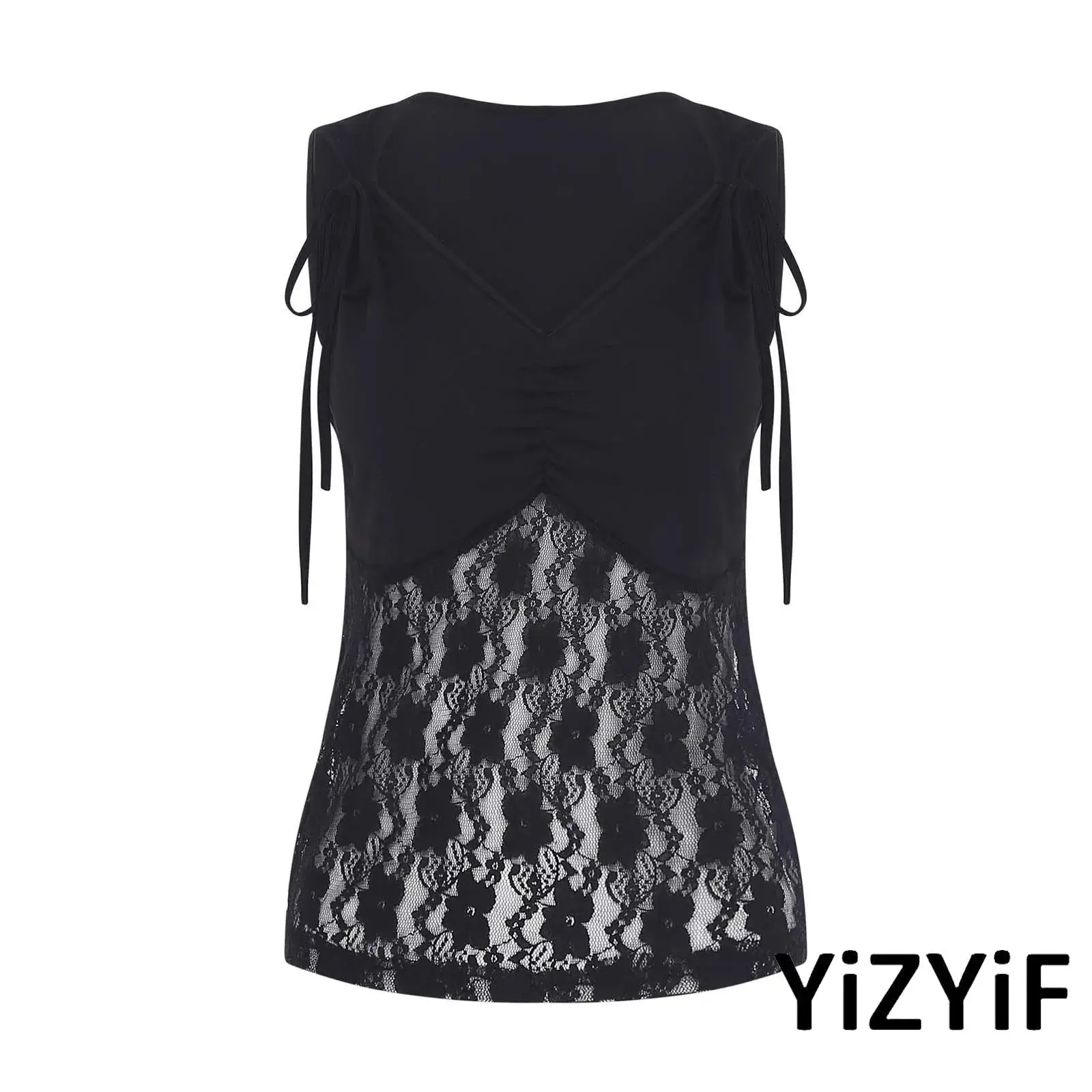 

Summer Womens Erotic Tie-up Bow Sheer Floral Lace Sleeveless Vest Slim Shirt Nightclub Streetwear V-Neck Ruched Casual Tank Tops