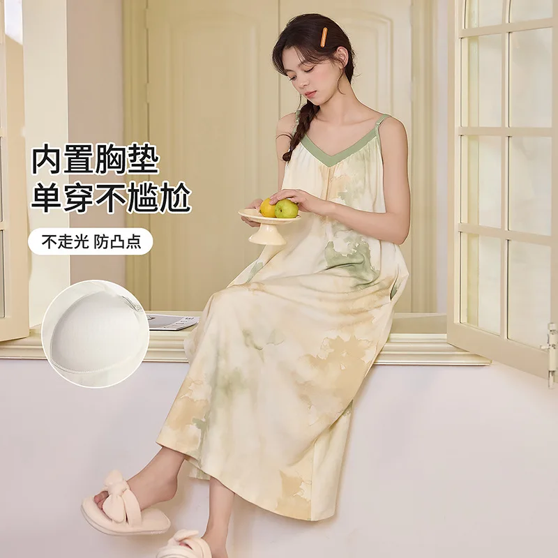 

Pure Cotton Sleeveless Long Nightgown with Chest Pad Korean Print Summer Loose Suspender Pajamas Dress Loungewear Sleepwear