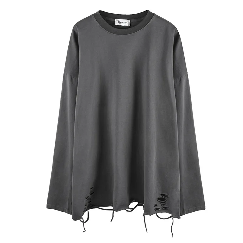 Hip Hop Streetwear Spring Autumn T Shirt Men Oversized T Shirt Bottoming Shirt With Hole Pure Cotton Breathable Long Sleeve Tees