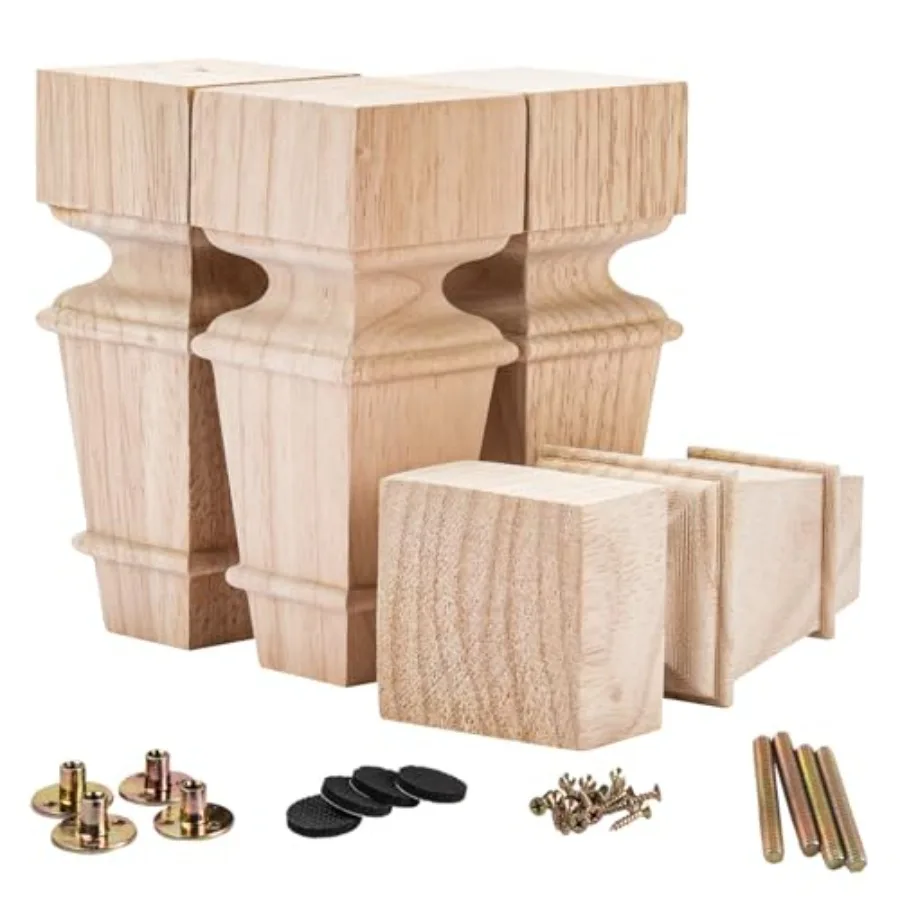 8 inch/ 20cm Wooden Furniture Legs Set of 4 Carved Geometry Solid Wood Unfinished Replacement Bun Feet with Mounting Plate and