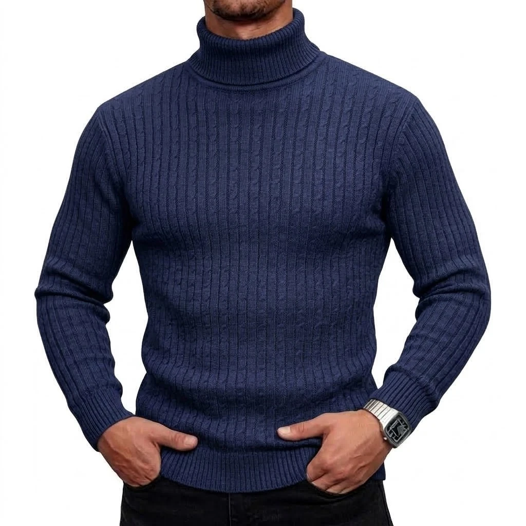 Neuer Herren-Rollkragenpullover, lässiger Zopfstrickpullover, hoher Kragen, lange Ärmel, warme Winterpullover für Männer, schmal geschnittene Oberteile. – Detail 6