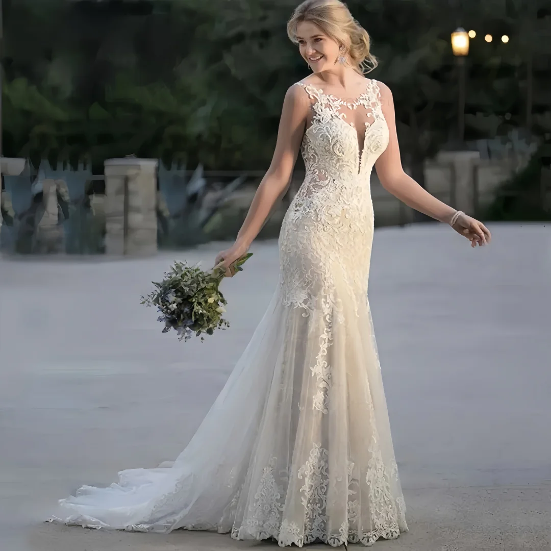 Vestido de novia de fiesta de trompeta sin mangas de encaje exquisito personalizado para novia cuello redondo recién llegado vestidos de novia