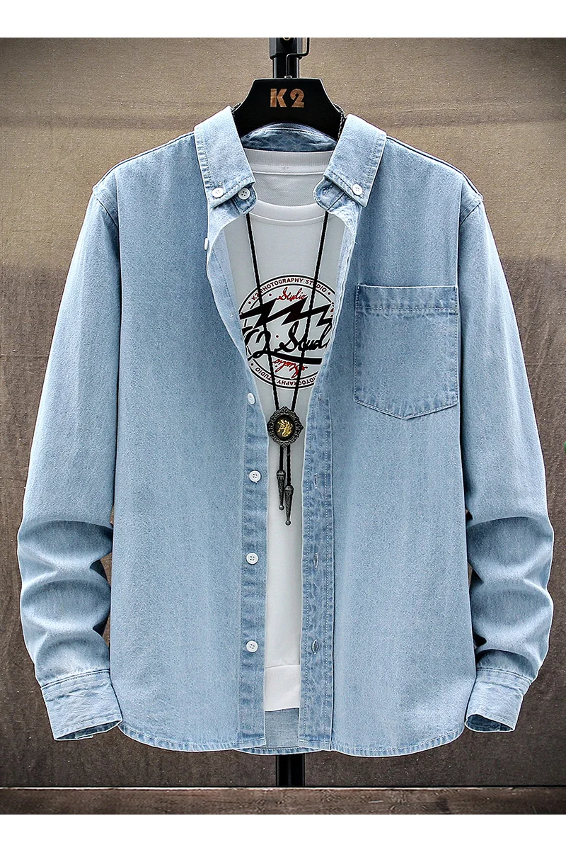 

2024 Autumn Tik Tok Boom men's denim long sleeve boutique shirt casual solid color cotton base shirt thin denim coat