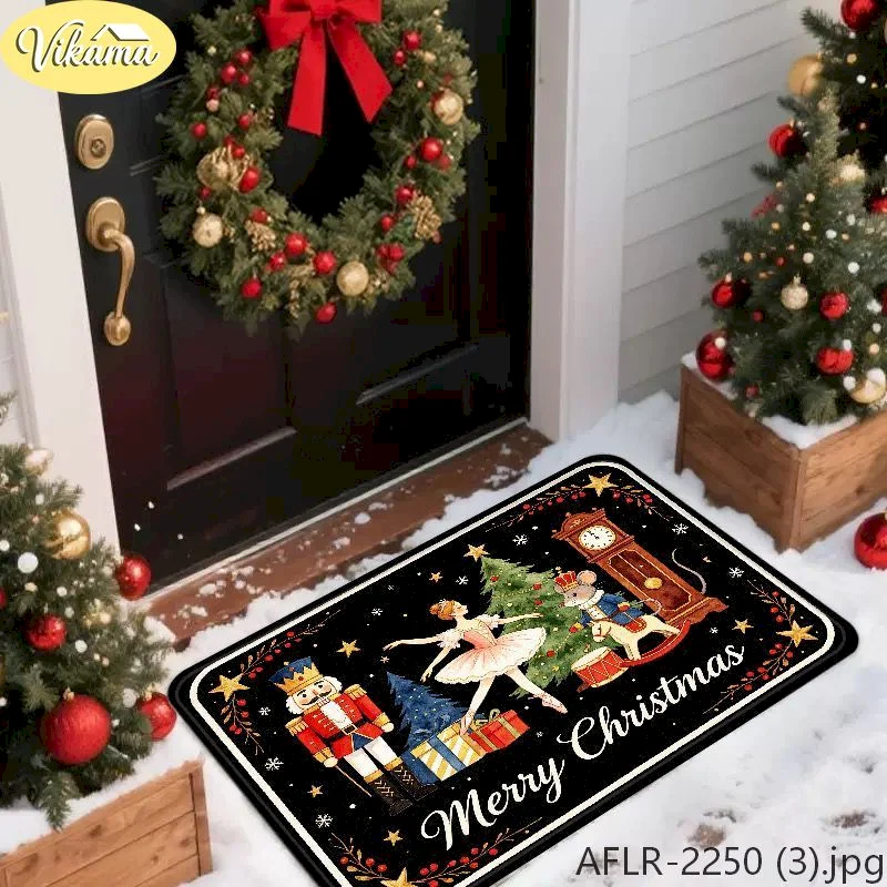 VIKAMA Christmas Ballerina Mouse Clock Area Rug Non Slip Washable Soft Doormat Entryway Indoor Xmas Home Decor