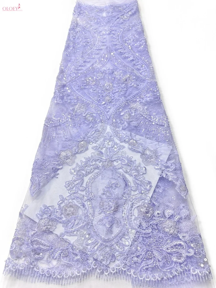 

OLOEY Luxury Nigerian Mesh Lace Fabric with African Beaded Sequins for Women's Wedding Dresses Groom Embroidery Design