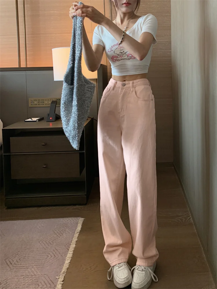 Girly light pink straight-leg jeans high-waisted loose-fitting drapey floor-length pants for petite Korean-style hot girls