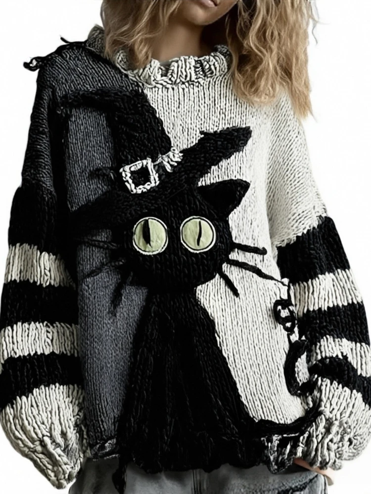 

Spooky Face Stitched Women Sweater Halloween Pumpkin Horror Print Streetwear Harajuku Knit Sweater Autumn O Neck Hooded Pullover