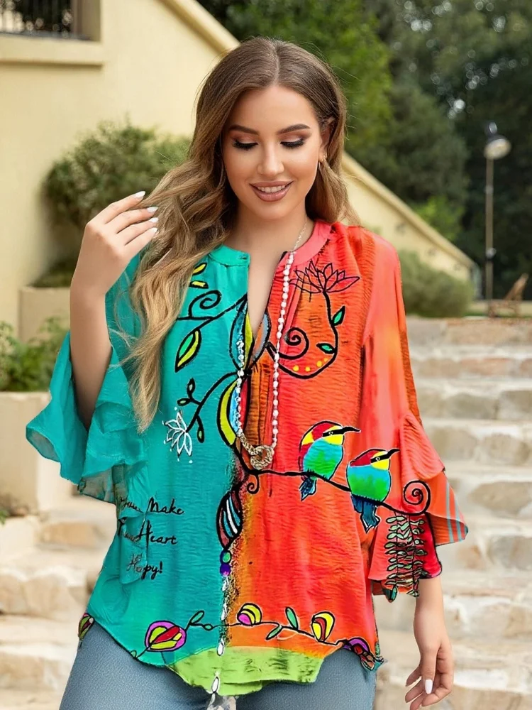 

Женская блузка больших размеров с рюшами, винтажным цветочным принтом, цветовыми блоками, рукавом 3/4, V-образным вырезом, из шифона, модная осенняя, оверсайз