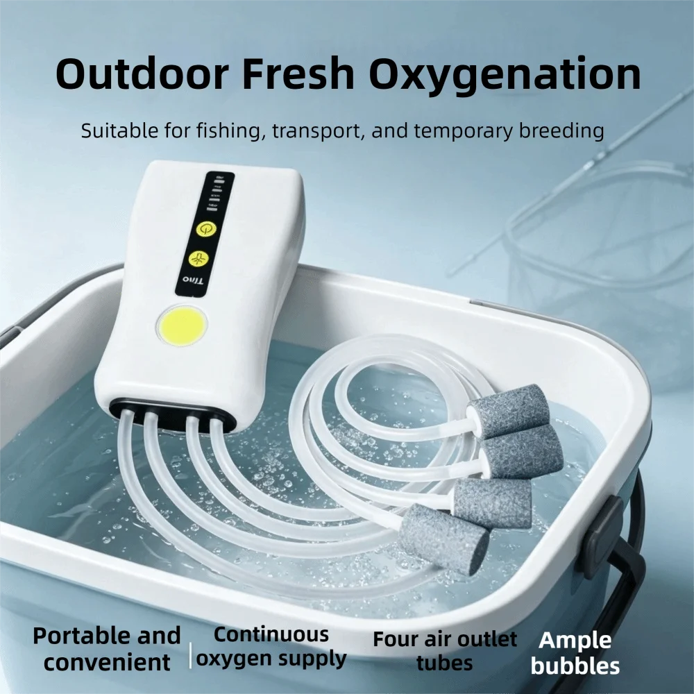 USB Rechargeable Fishing Oxygen Pump Energy Efficient 2/4 Holes Fish Tank Aerator Real-time Power Display Portable Oxygen Pump
