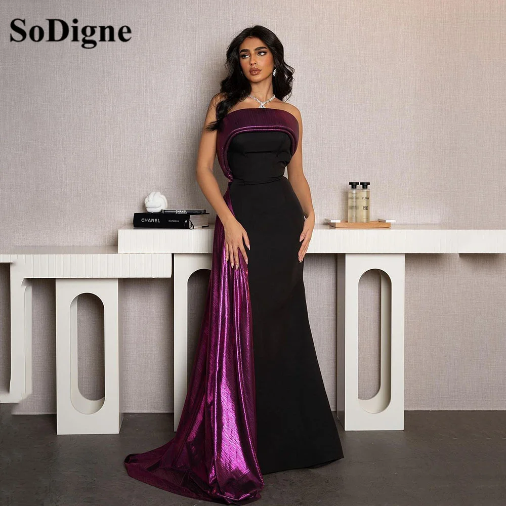 SoDigne Black Mermaid Arabic Evening Dresses Drapped Women Strapless Formal Prom Gowns Long Special occasion Dress Customized