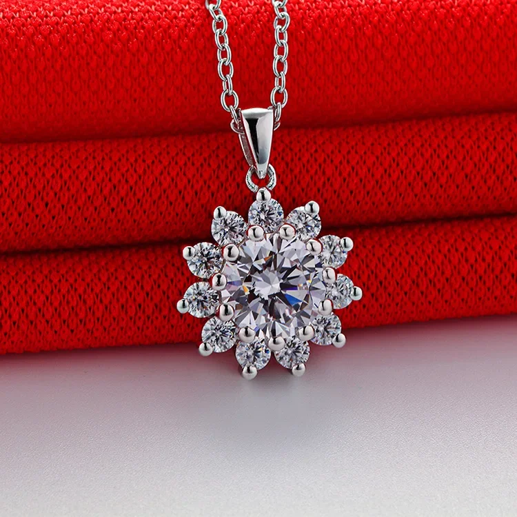 Solid Platinum PT950 Sunflower Pendant Women Moissanite Diamonds Four Prong 18k Gold Necklace