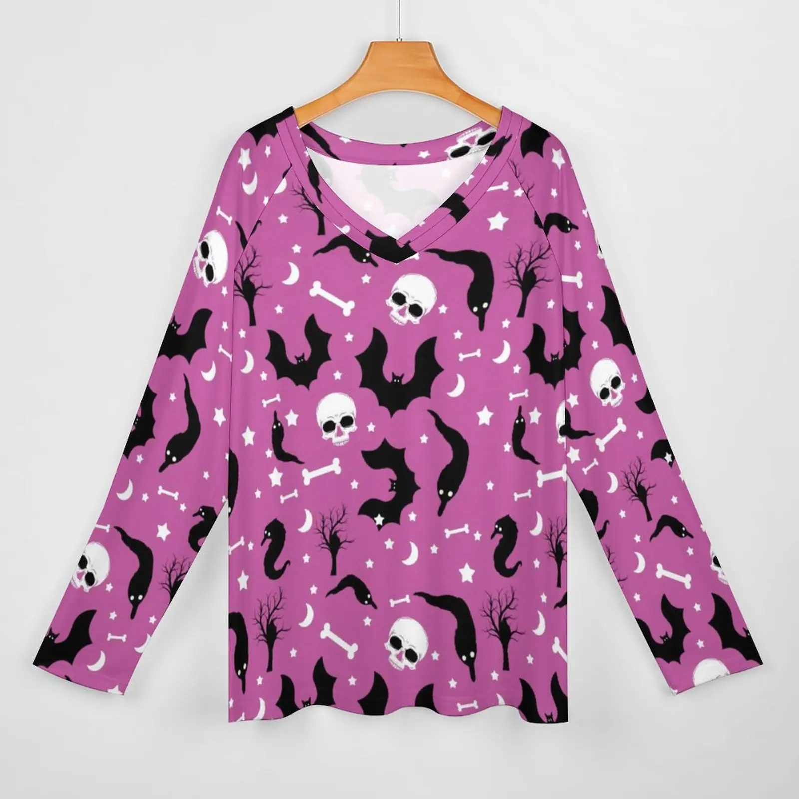 Skull Bat Print T Shirts Worm Halloween Party Elegant T-Shirt Long-Sleeve Street Wear Tshirt Oversize V Neck Graphic Top Tees