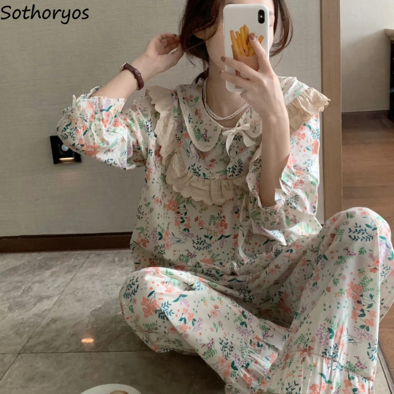

Sweet Pajama Sets Women Lace Floral Printing Turn-down Collar Temper Sleepwear Loose Leisure Tender Creativity Stylish Pijamas
